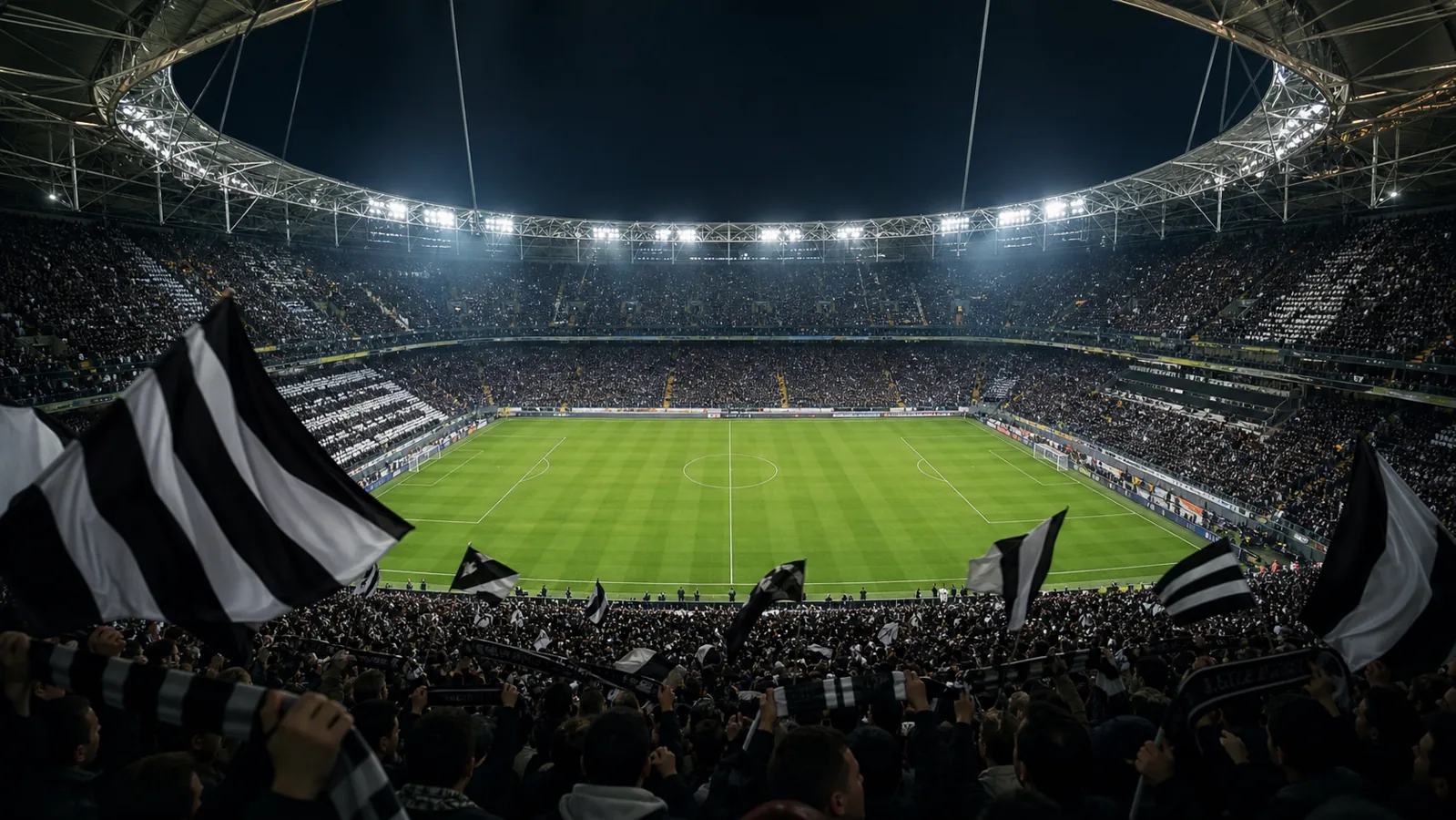 Siyah ve beyaz renklerin öne çıktığı futbol stadı tribünü